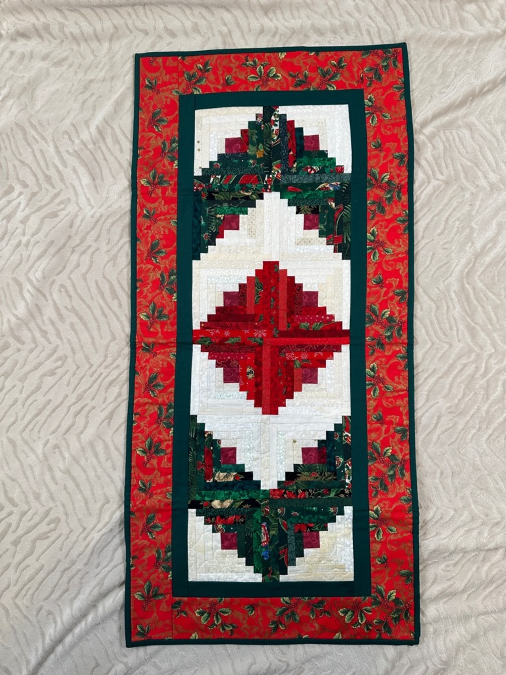 Handmade Red & Green Quilted Table Runner - Holiday Patchwork 36x17